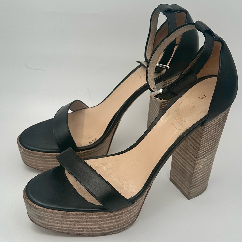 M. Gemi Strappy Black Leather 4” Platform Heels with wood heels and soles